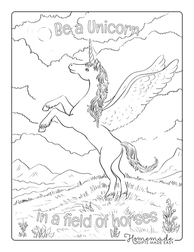 Unicorn Coloring Pages Winged Unicorn on Grassy Hill With Clouds Above