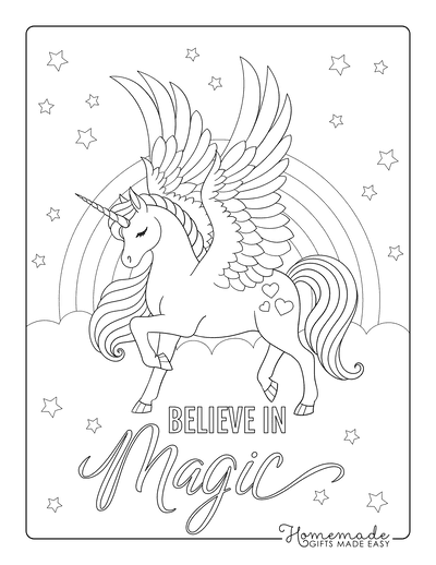 Unicorn Coloring Pages Wings Open Stars Rainbow Clouds Believe Magic