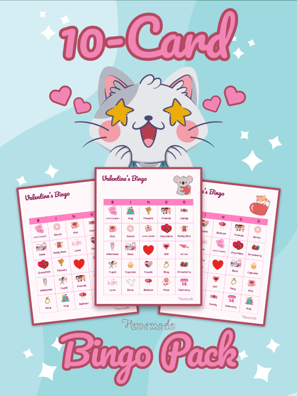 Valentines Bingo Cute Pink and Purple With Cartoon Animals 10 Pack