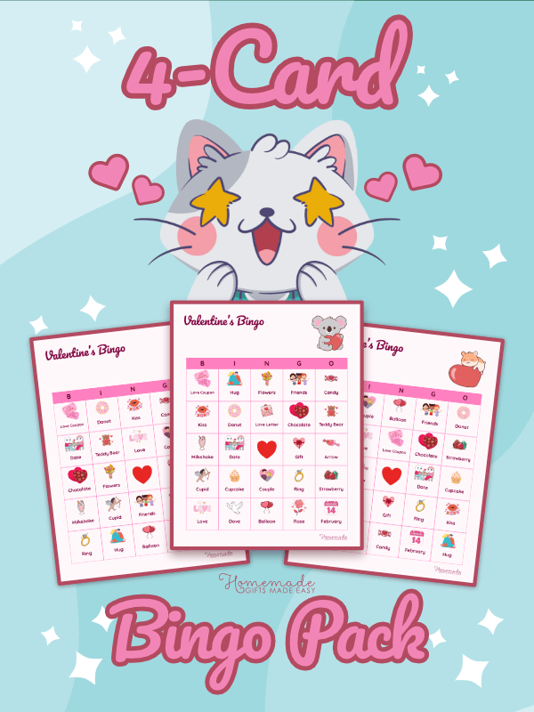 Valentines Bingo Cute Pink and Purple With Cartoon Animals 4 Pack
