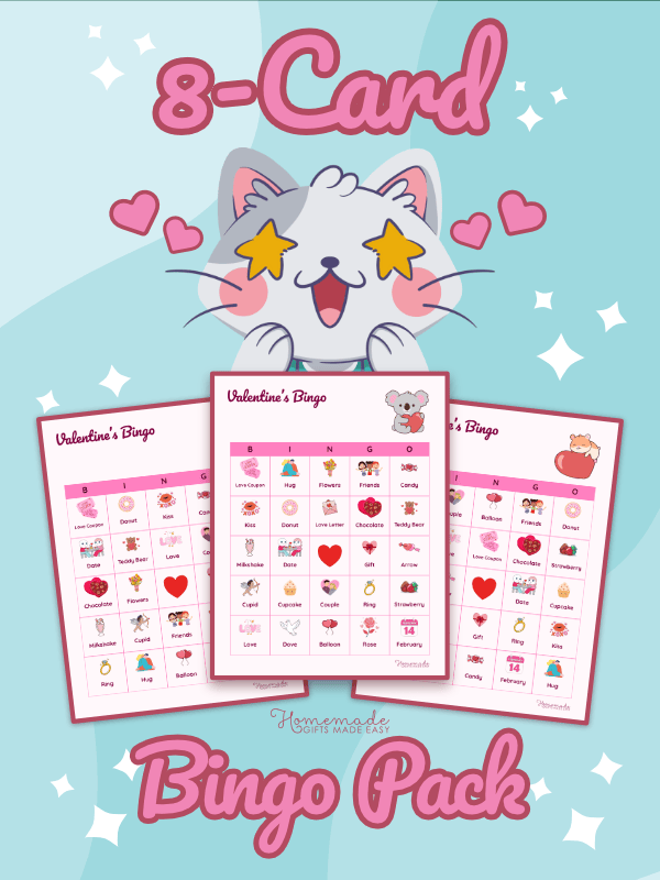 Valentines Bingo Cute Pink and Purple With Cartoon Animals 8 Pack