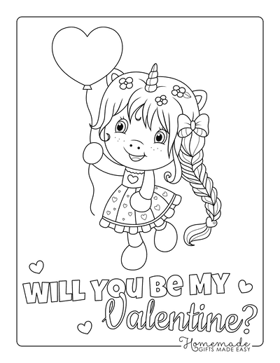 Valentines Day Coloring Pages Cute Cartoon Girl Heart Balloon
