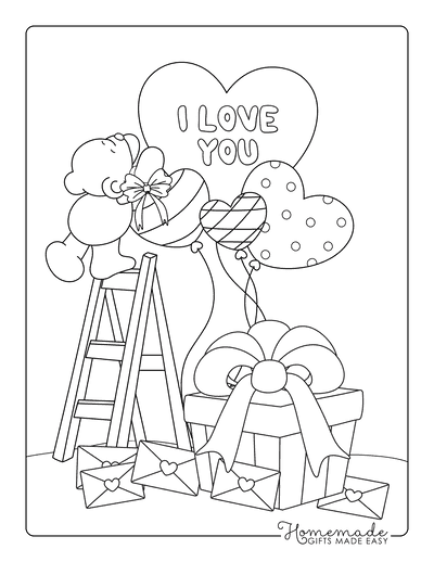 Valentines Day Coloring Pages Cute Teddy Bear I Love You Balloons Hearts