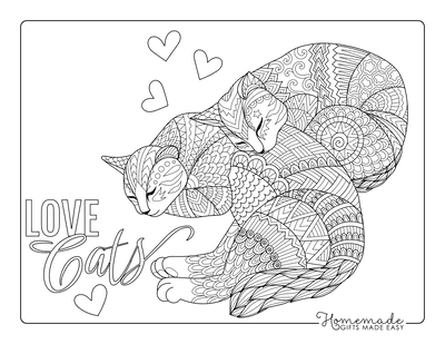 Valentines Day Coloring Pages Love Cats Patterned Drawing for Adults