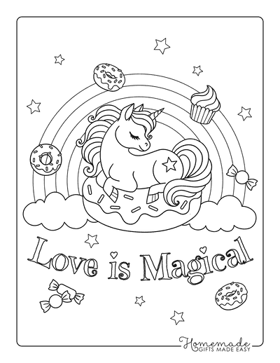 Valentines Day Coloring Pages Love Is Magical Unicorn Donuts Candy