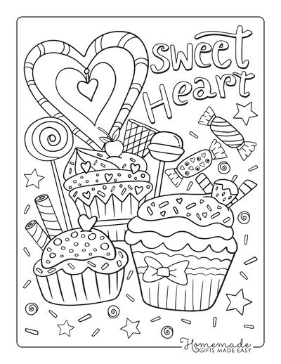 Valentines Day Coloring Pages Sweet Heart Cupcakes Candy Doodle