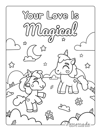 Valentines Day Coloring Pages Unicorns on Hill Together Magical Love