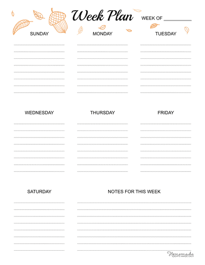 Weekly Calendar Portrait Lined Autumn Fall