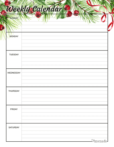Weekly Calendar Portrait Rows Holiday Festive
