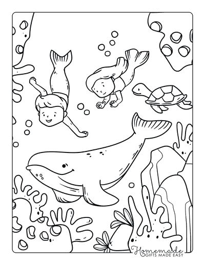Whale Coloring Pages Easy Cute Whale Under Water With Mermaids