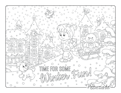 Winter Coloring Pages Child Toboggan Sled Teddy Puppy Snowing