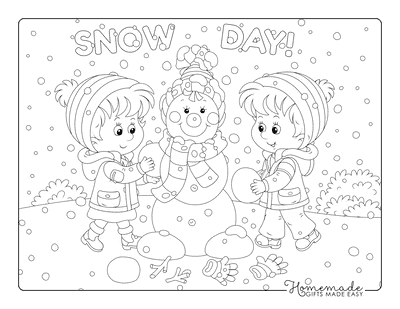 Winter Coloring Pages Children Building Snowman Snowing