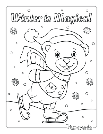 Winter Coloring Pages Cute Bear Ice Skating Snowflakes