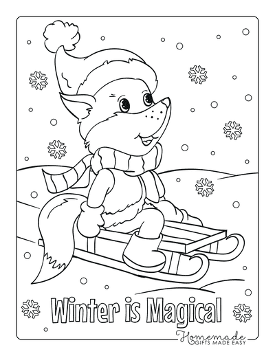 Winter Coloring Pages Cute Fox Tobogganing Snowflakes