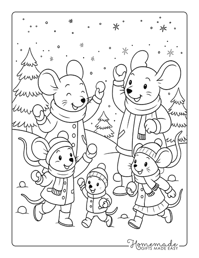 Winter Coloring Pages Cute Mouse Family Snowball Fight