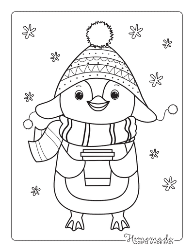 Winter Coloring Pages Cute Penguin With Hot Drink