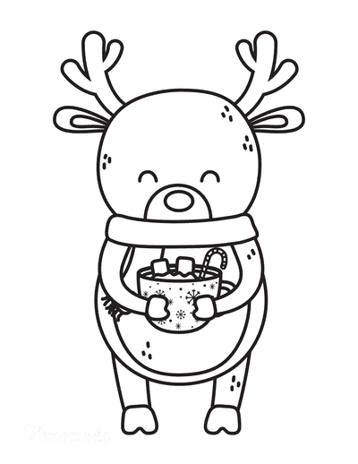 Winter Coloring Pages Cute Reindeer With Hot Chocolate