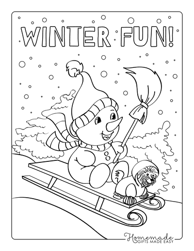 Winter Coloring Pages Cute Snowman Puppy Sled Ride