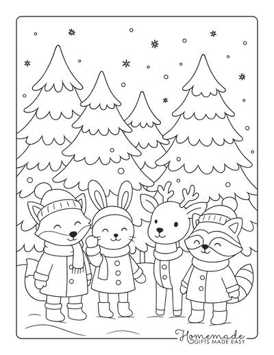 Winter Coloring Pages Cute Woodland Creatures Snowy Forest