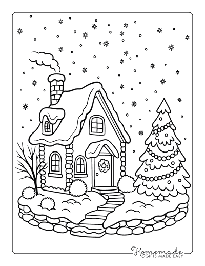 Winter Coloring Pages Easy Cozy Cabin in Snow