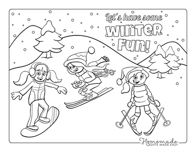 Winter Coloring Pages Girls Skiing Snowboarding