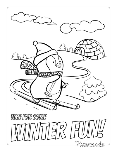 Winter Coloring Pages Penguin Skiing
