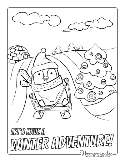 Winter Coloring Pages Penguin Sledding