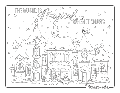 Winter Coloring Pages Snow Covered Village Scene