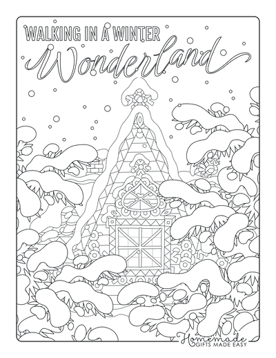 Winter Coloring Pages Snowy Cabin in Woods