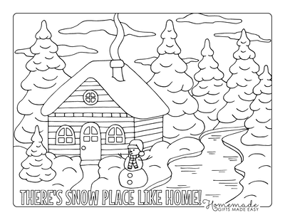 Winter Coloring Pages Snowy Cabin in Woods With Snowman
