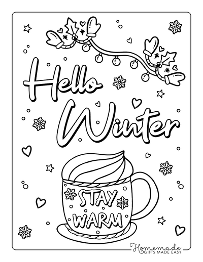Free coloring page (printable PDF) with hot chocolate and marshmallows!