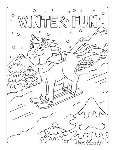 Winter Coloring Pages Unicorn Skiing Mountain Snow