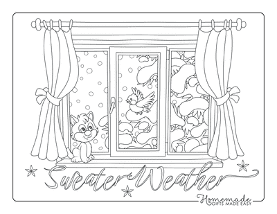 Winter Coloring Pages Window View Snow Robin Cat Tree