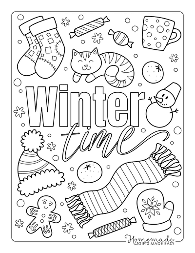 Winter Coloring Pages Winter Time Hat Scarf Gloves Snow Gingerbread