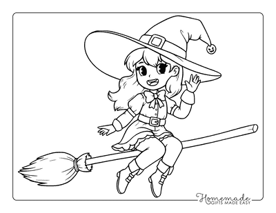 Witch Coloring Pages Cute Anime Halloween Witch Flying on Broom