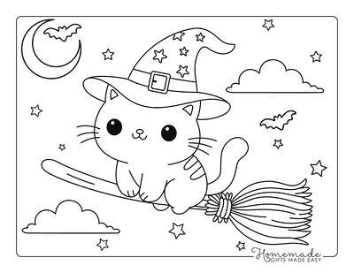 Witch Coloring Pages Cute Kawaii Cat Witch Halloween Flying on Broom