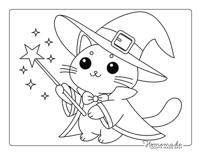 Witch Coloring Pages Cute Kawaii Cat Witch Halloween Playing With Wand