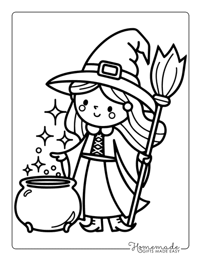 Witch Coloring Pages Easy Cute Witch Making Potion With Cauldron