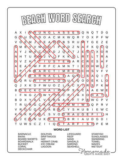 Word Search Printable Beach Answers