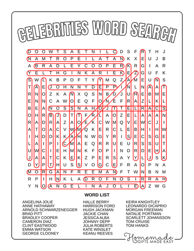 Word Search Printable Celebrities Answers