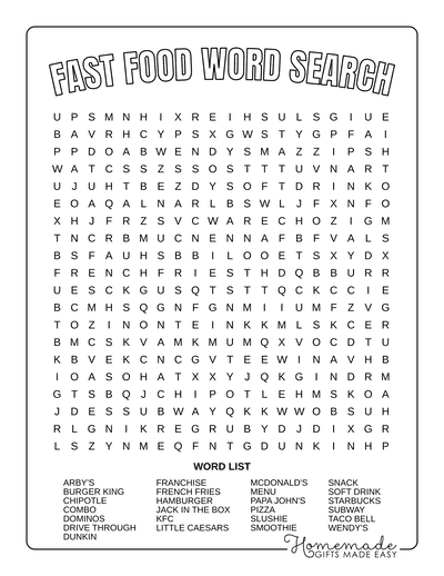 Word Search Printable Fast Food