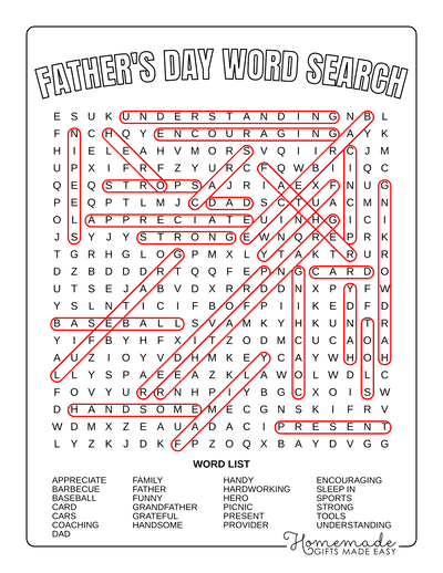 Word Search Printable Fathers Day Answers