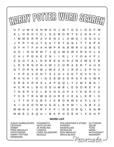 Word Search Printable Harry Potter