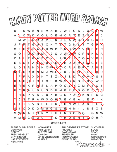 Word Search Printable Harry Potter Answers