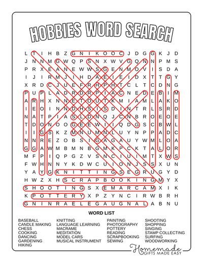 Word Search Printable Hobbies Answers