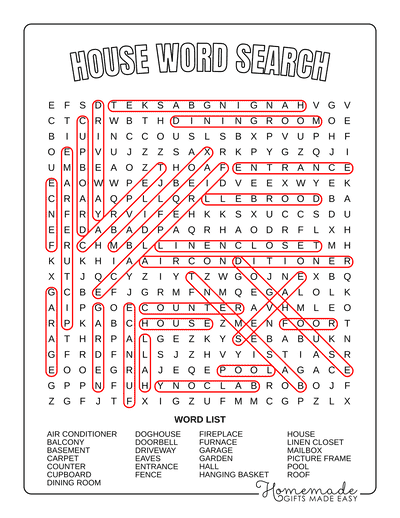 Word Search Printable House Answers