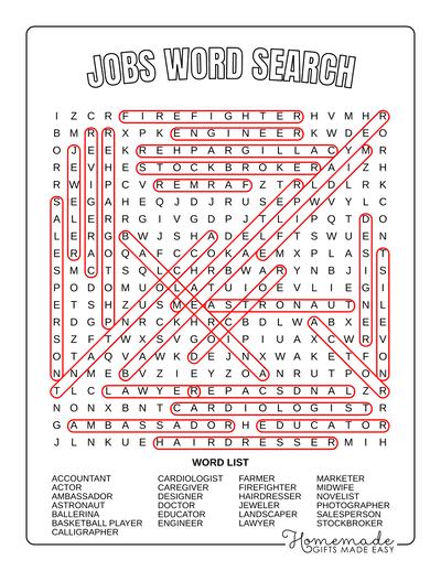 Word Search Printable Jobs Answers