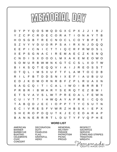 Word Search Printable Memorial Day