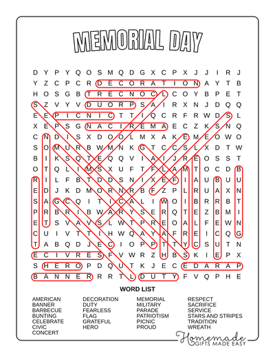 Word Search Printable Memorial Day Answers