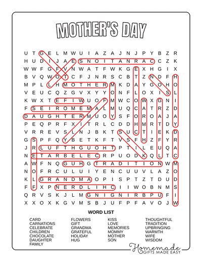 Word Search Printable Mothers Day Answers